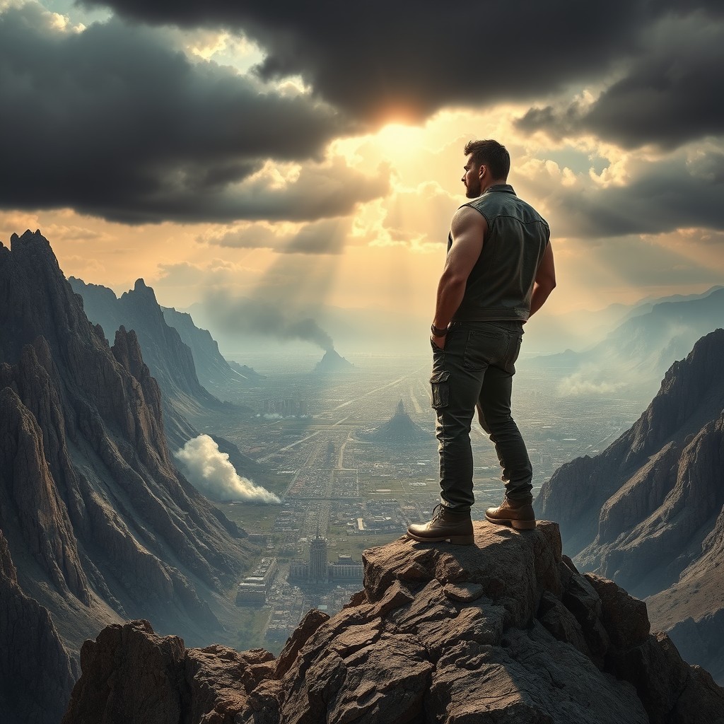 A powerful, muscular man standing on a rugged mountain peak, gazing intently at a sprawling, destroyed city in the distance