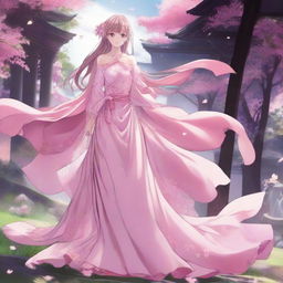 Anime character wearing a long, flowing pink dress in a fantasy setting