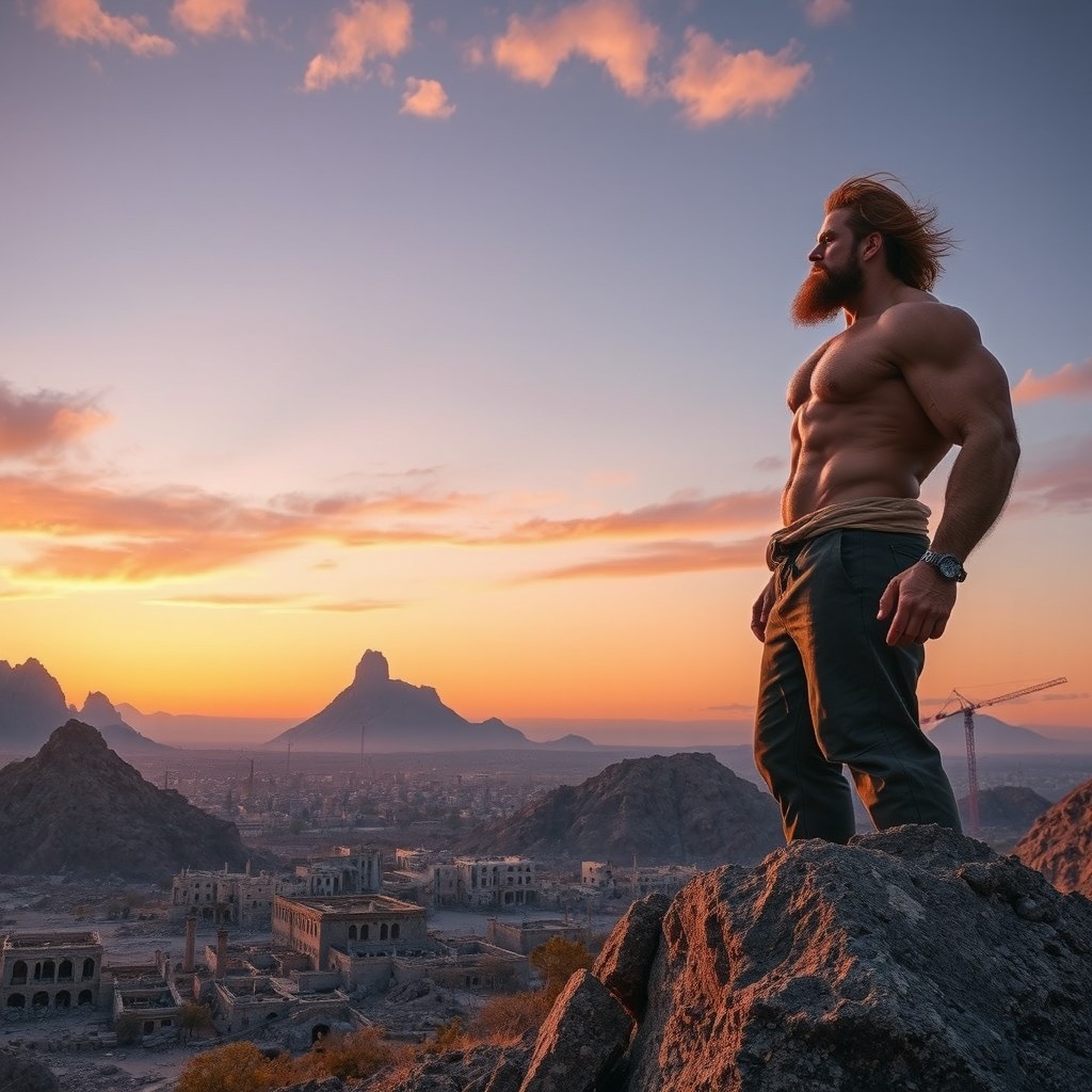 A strong, muscular man standing tall on a rugged mountain, gazing down at the ruins of a destroyed Syrian city