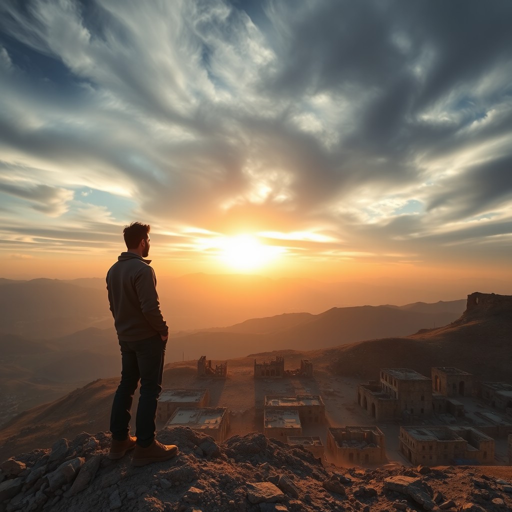 A solitary man stands on a rugged mountain summit, gazing solemnly at the ruins of a destroyed Syrian city below