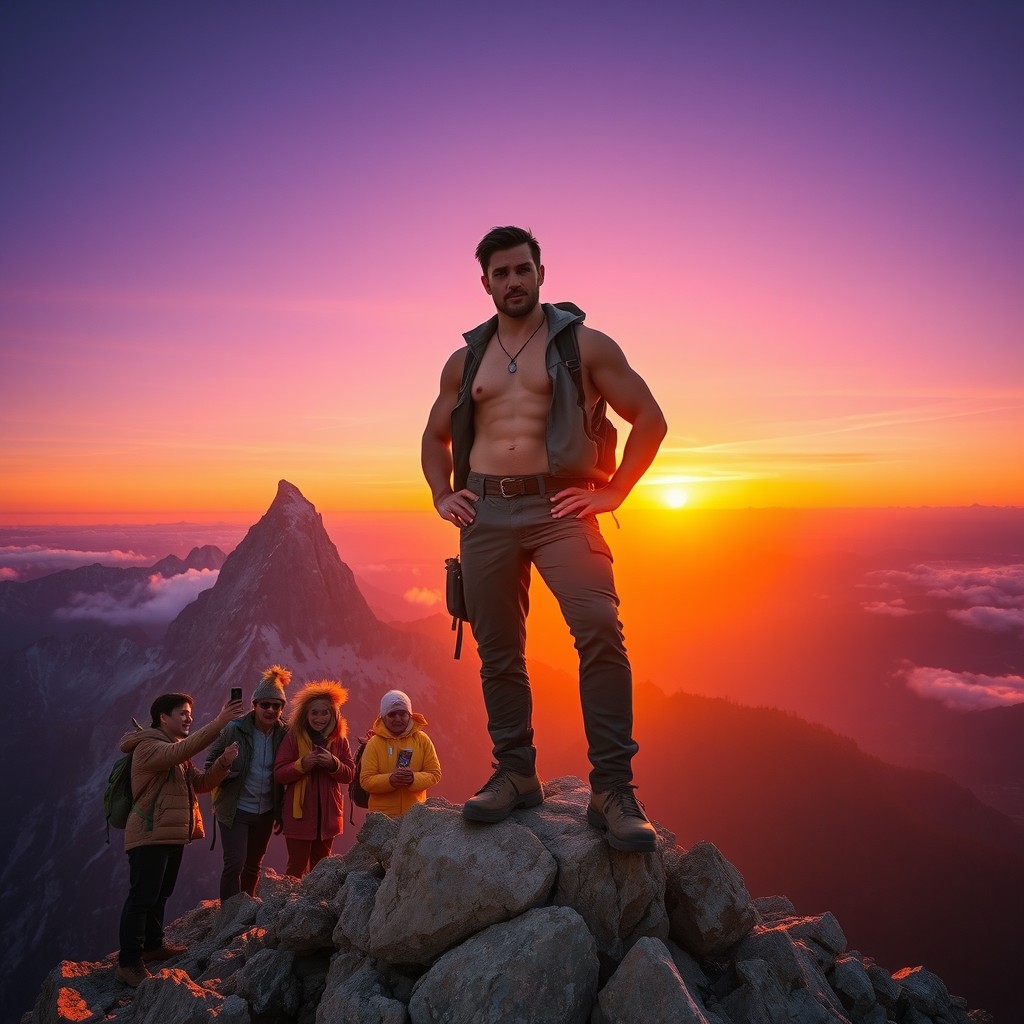 A muscular man standing confidently on a majestic mountain peak, gazing down at a group of foolishly dressed tourists below
