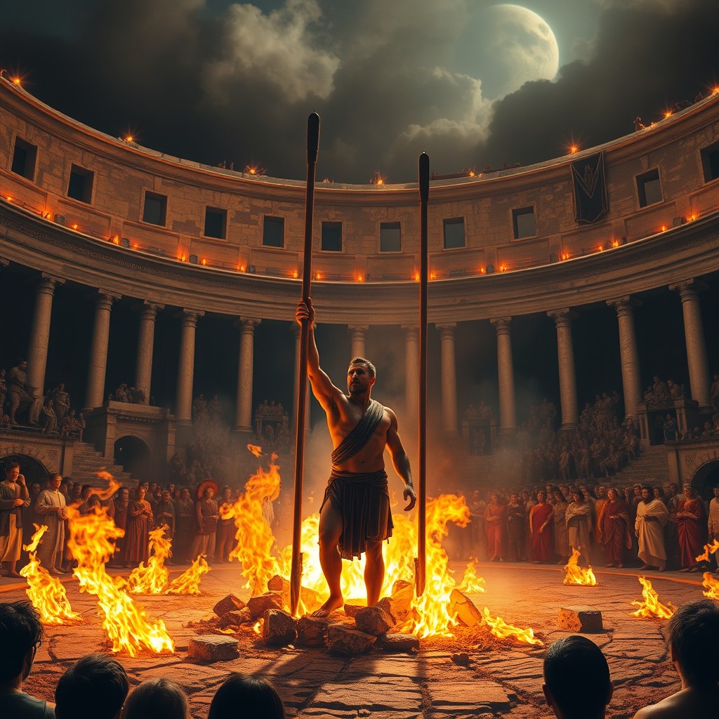 A vivid scene set in ancient Rome, depicting a dramatic moment in a coliseum where a slave is depicted courageously standing amidst a burning Tripalium (a three-posted torture device)
