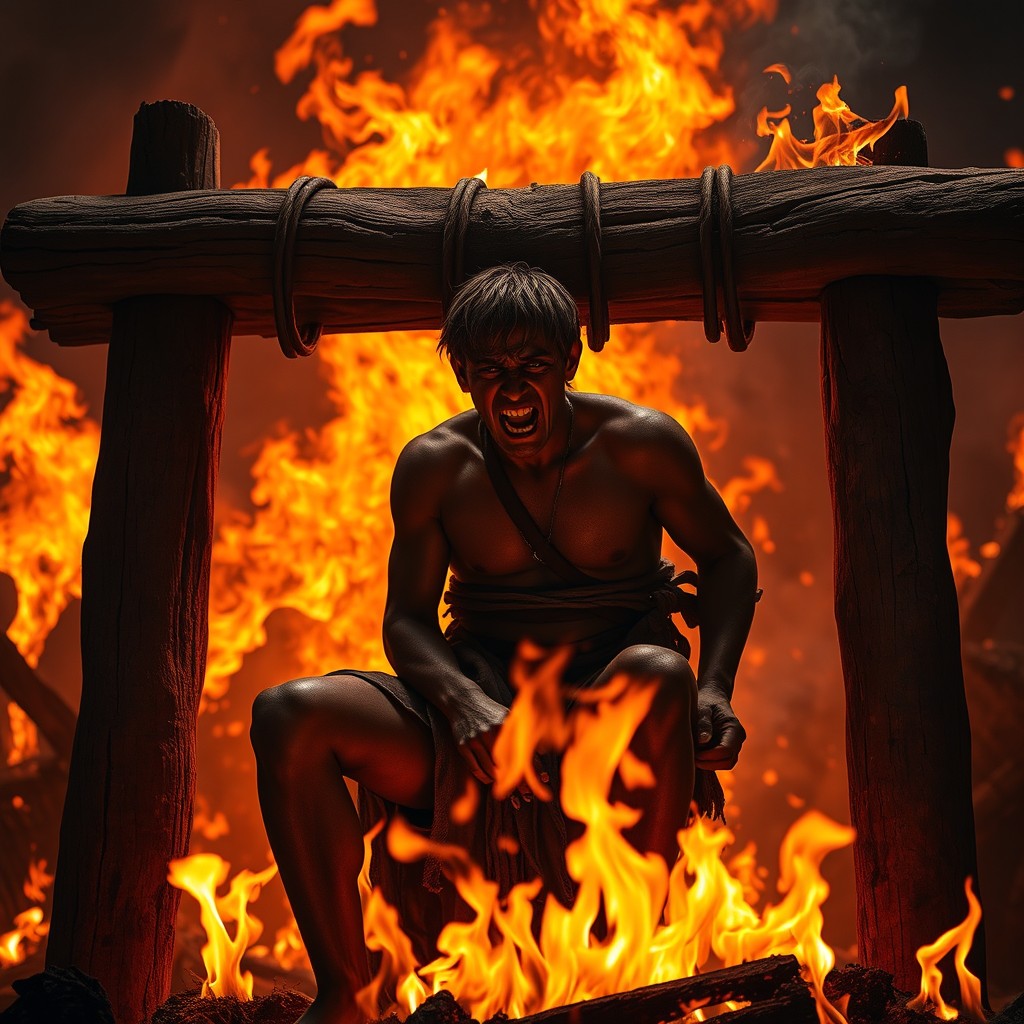 A dramatic scene depicting a bound slave on a Tripalium engulfed in flames, showcasing a powerful and intense atmosphere