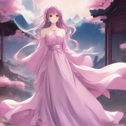 Anime character wearing a long, flowing pink dress in a fantasy setting