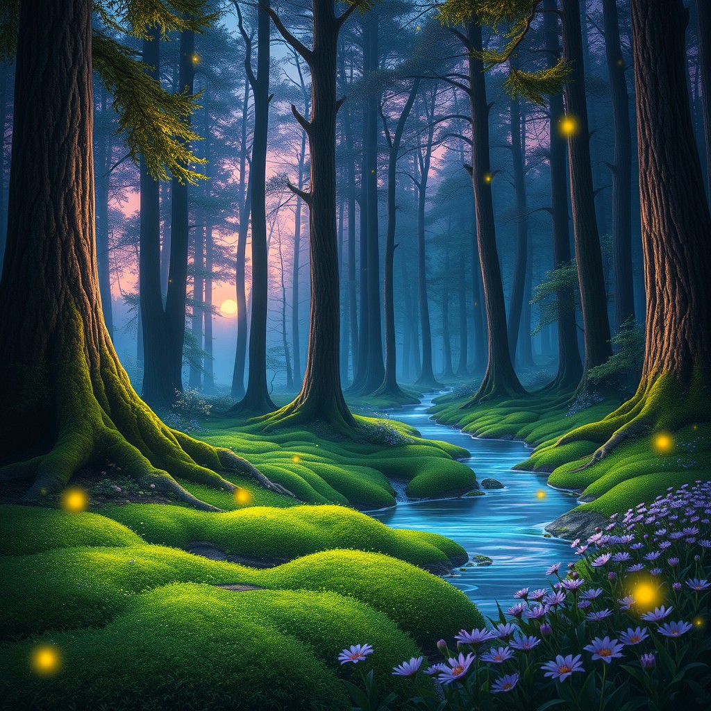 A beautifully detailed and vibrant image of a mystical forest at twilight, with tall, ancient trees stretching towards the sky, their leaves glimmering with a magical glow