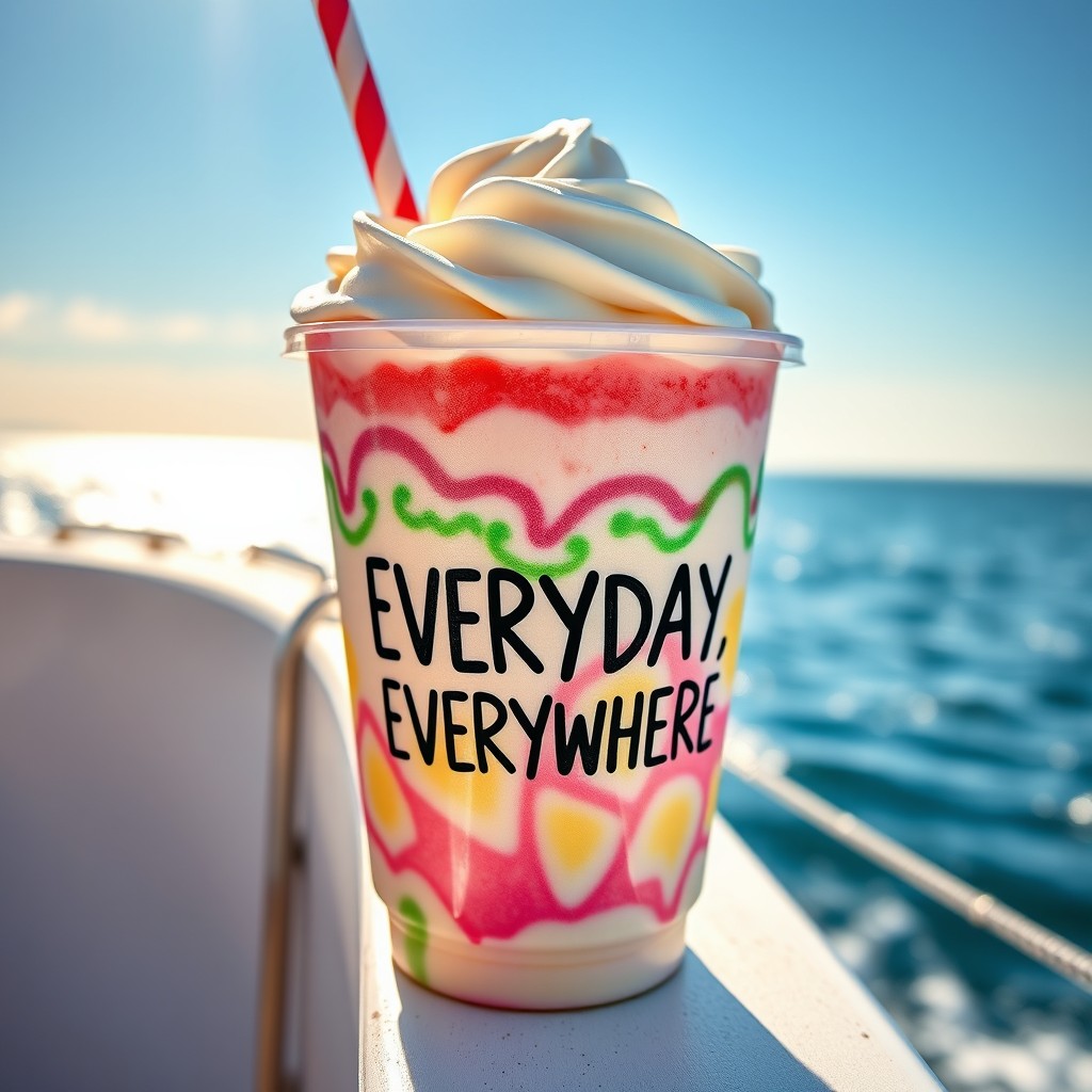 A vibrant close-up of a milkshake cup with colorful layers and whipped cream, positioned on the edge of a boat overlooking a sunny summer sea