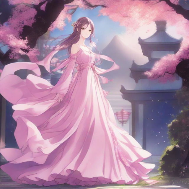 Anime character wearing a long, flowing pink dress in a fantasy setting