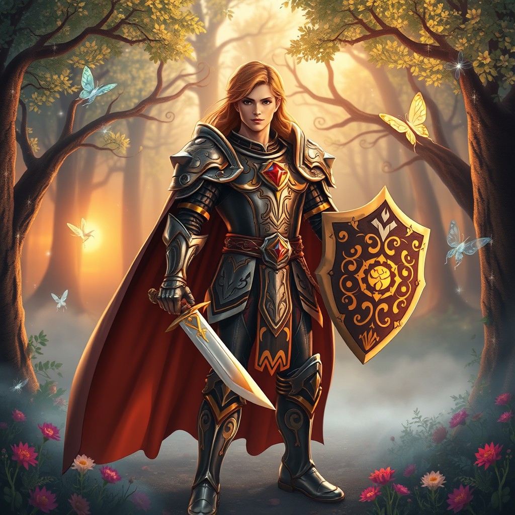 A brave fairy tale hero standing confidently in a mystical forest, adorned in a shining suit of armor that reflects the light of a setting sun