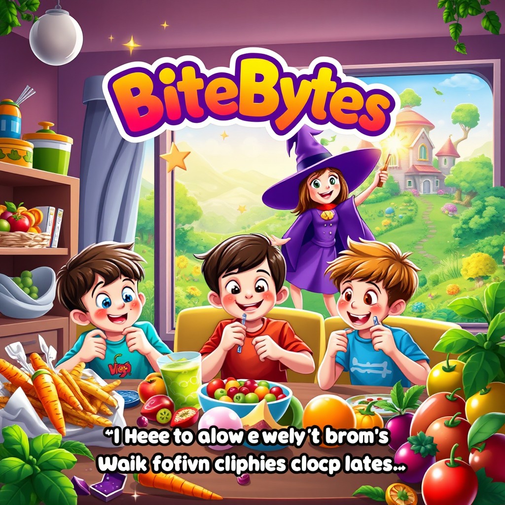 A vibrant and playful poster for a game titled 'BiteBytes', showcasing three lively kids entranced in delicious junk food at home, surrounded by colorful snacks and sweets