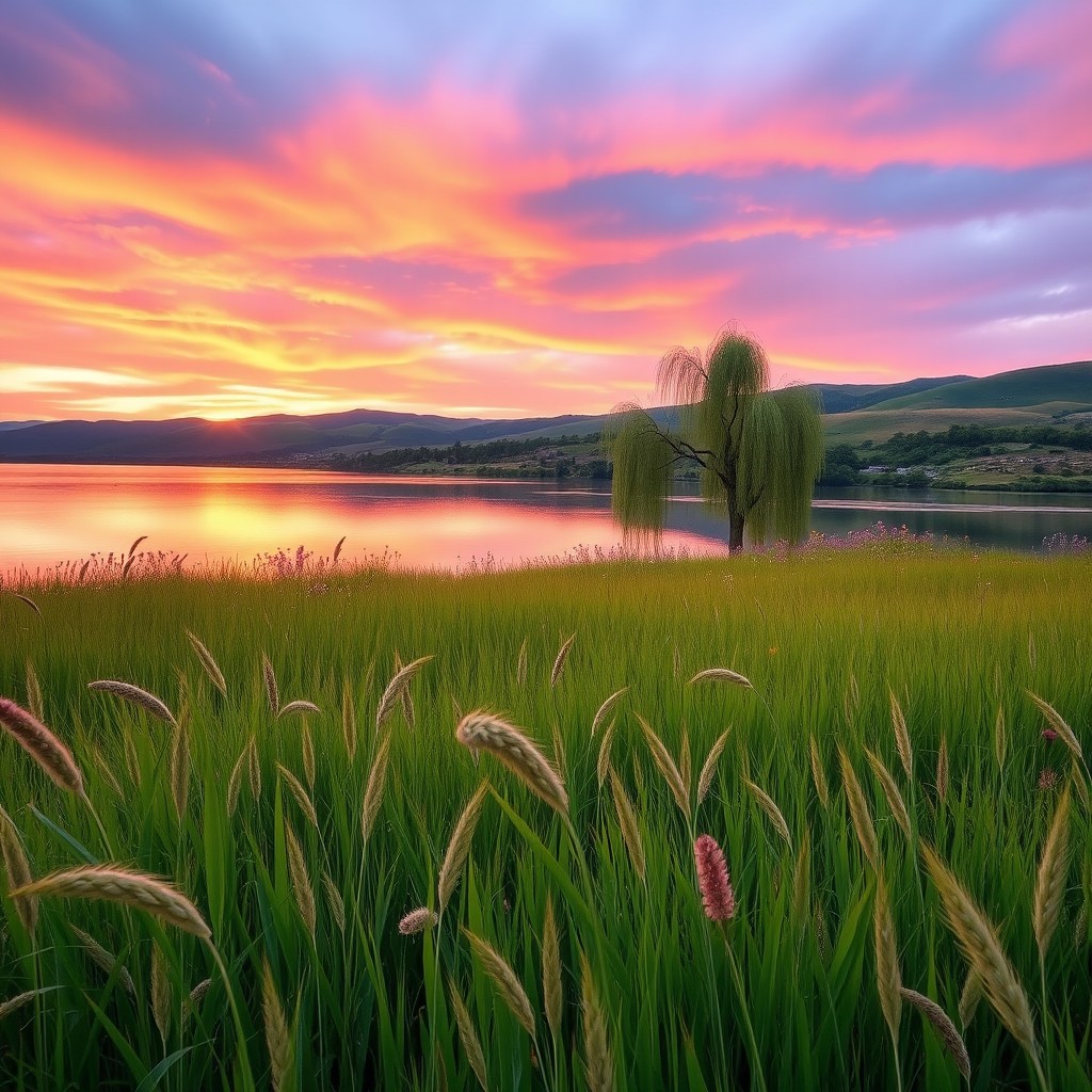A serene landscape featuring a tranquil lake reflecting a vibrant sunset, with rich hues of orange, pink, and purple in the sky