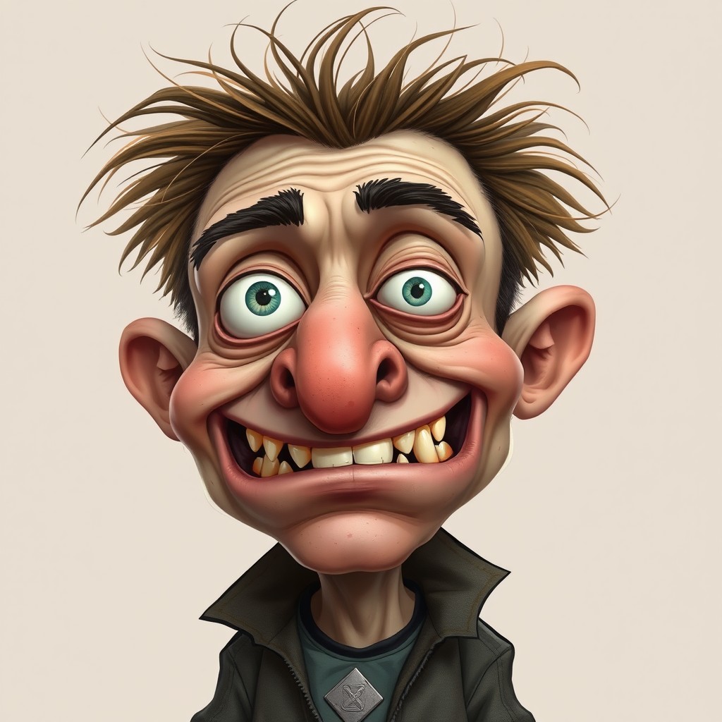 A cartoon character version of a person, exaggeratedly ugly features while maintaining recognizable traits