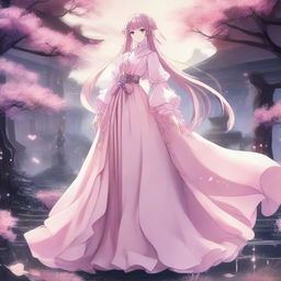 Anime character wearing a long, flowing pink dress in a fantasy setting