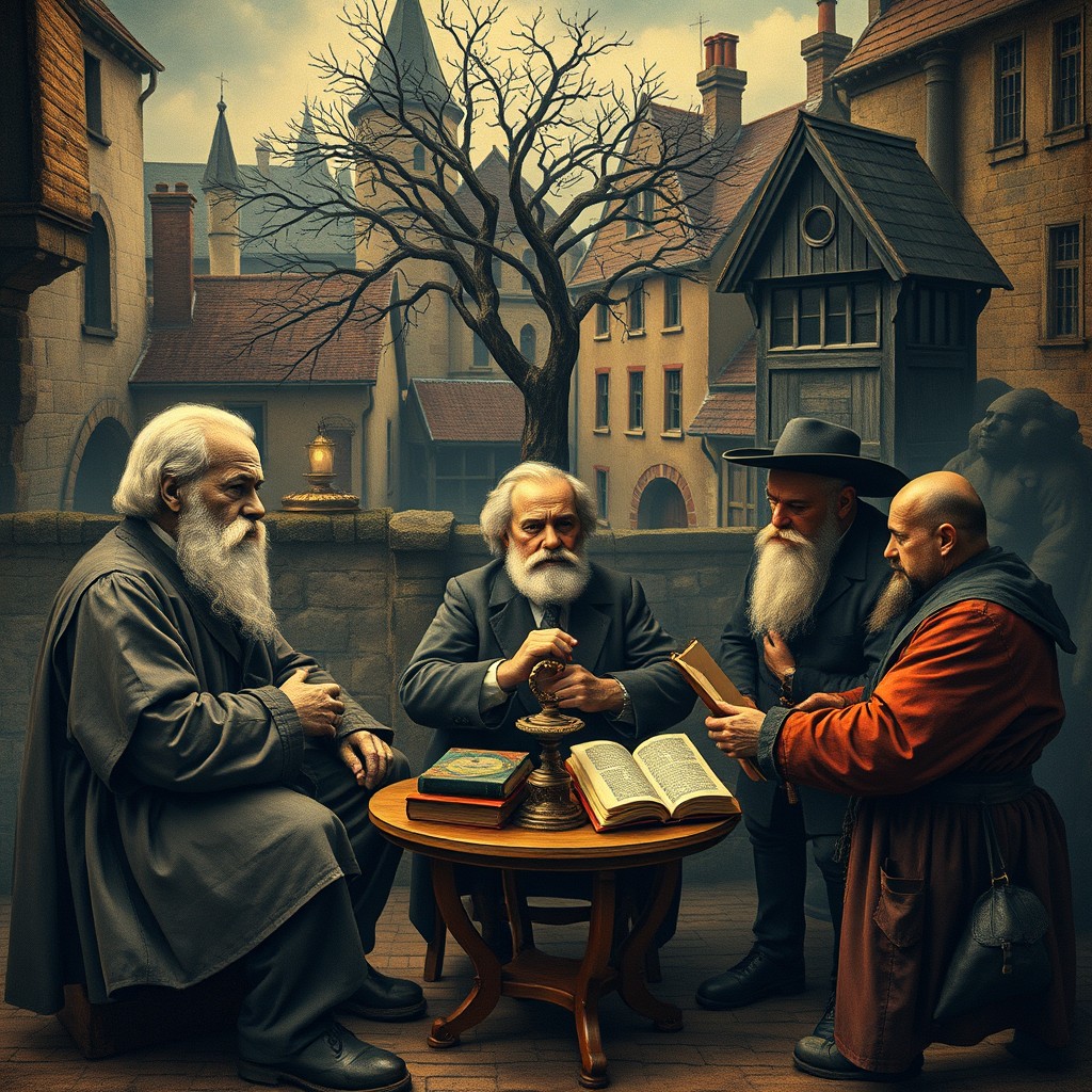 A visually captivating image representing Western thought on humanity during the Middle Ages, incorporating the ideas of Darwin, Freud, Marx, Nietzsche, and Kafka