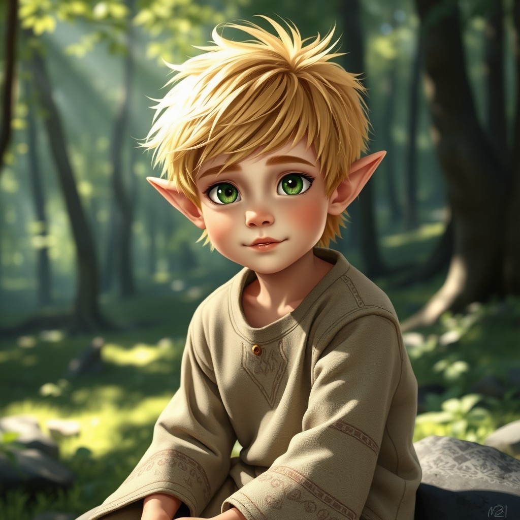 A striking half-elf boy with tousled blond hair, showing distinct elf-like features such as pointed ears and sharp cheekbones