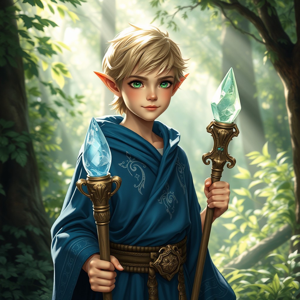 A captivating blond half-elf teenage boy with striking emerald green eyes and pointed ears, wearing a flowing blue robe adorned with silver motifs that glisten in the light
