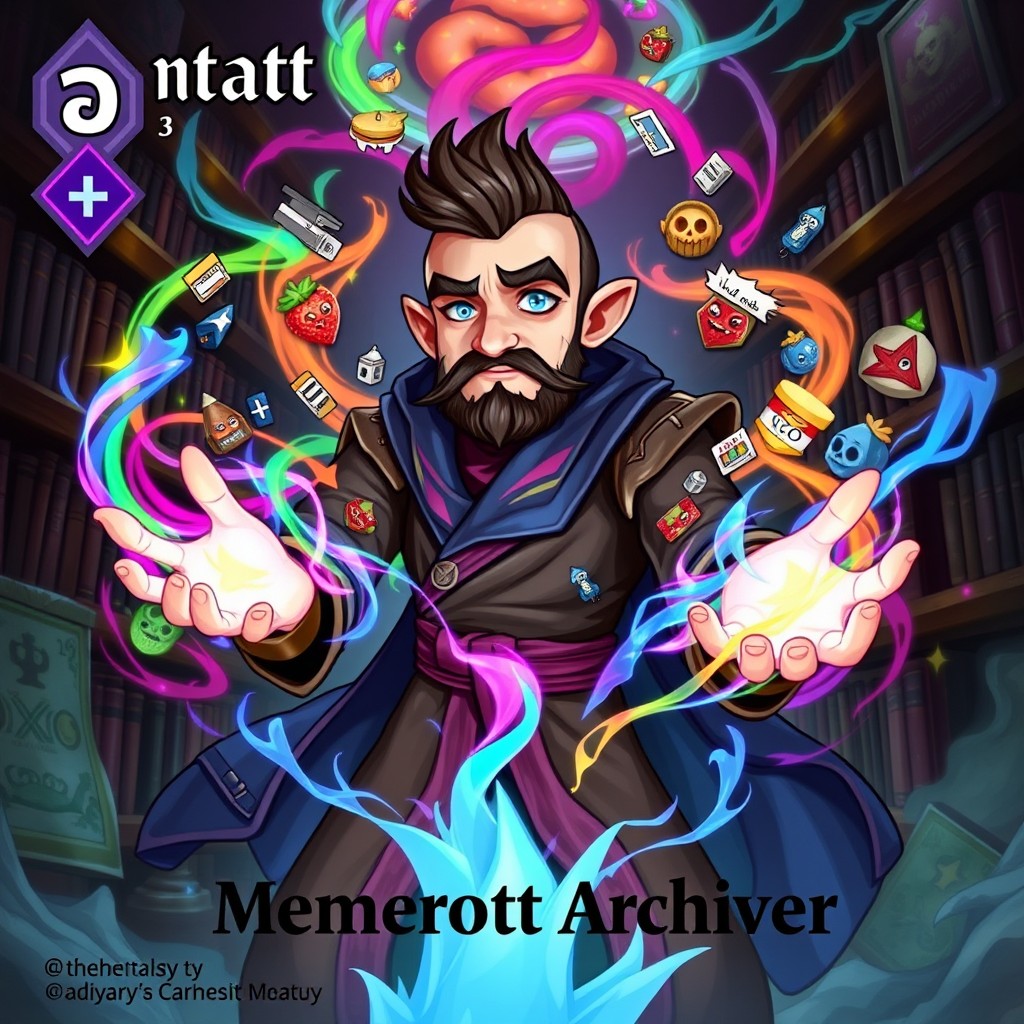 A fantasy trading card game character named Matju, The Brainrot Archiver, featuring a unique design with short hair, a stubbled face, and small mutton chops