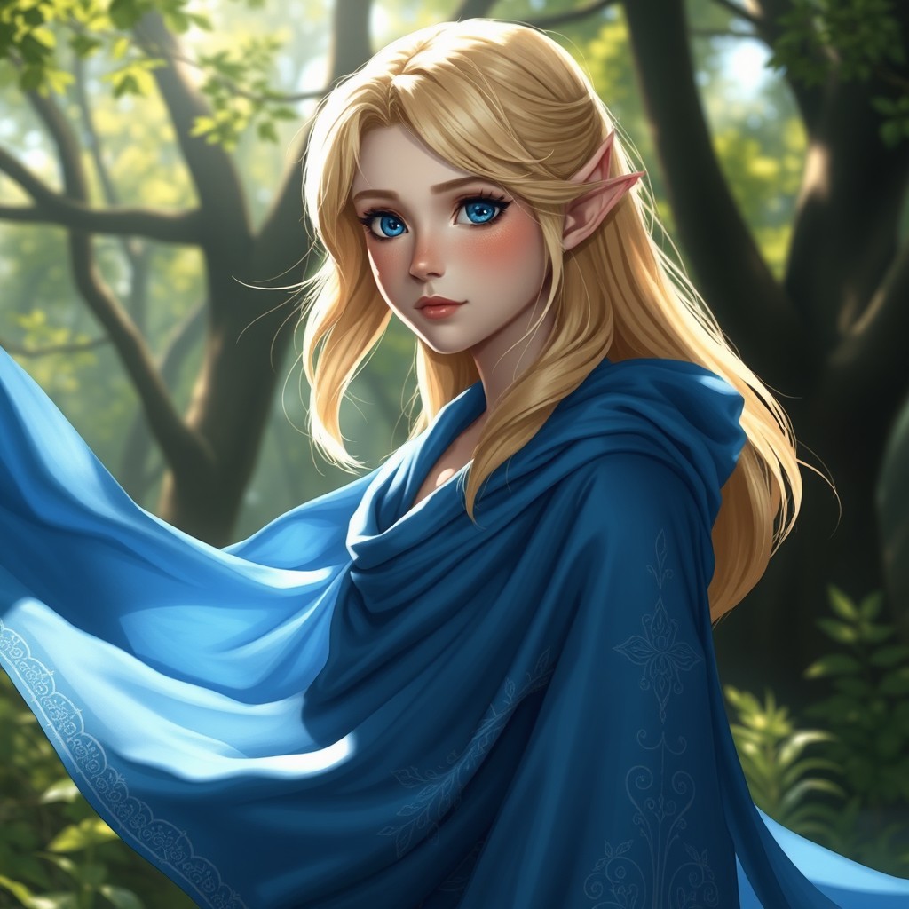 A beautiful half-elf teenage character with striking blonde hair, wearing a flowing blue robe that billows softly in the wind