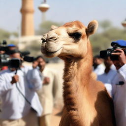 A smartly dressed camel engaging in a press conference in front of a media crew