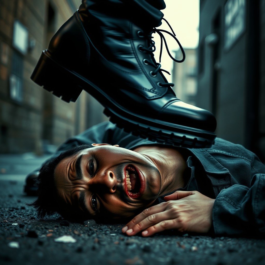 A striking image depicting a powerful black boot stomping down on a human neck, capturing the intensity of the moment