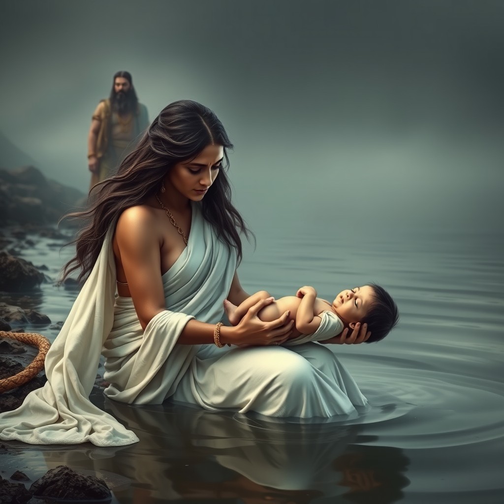 A dramatic and emotional scene set on the banks of the river Ganga, showcasing the goddess Ganga in a pure white sari with flowing long hair