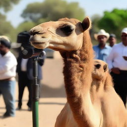 A smartly dressed camel engaging in a press conference in front of a media crew