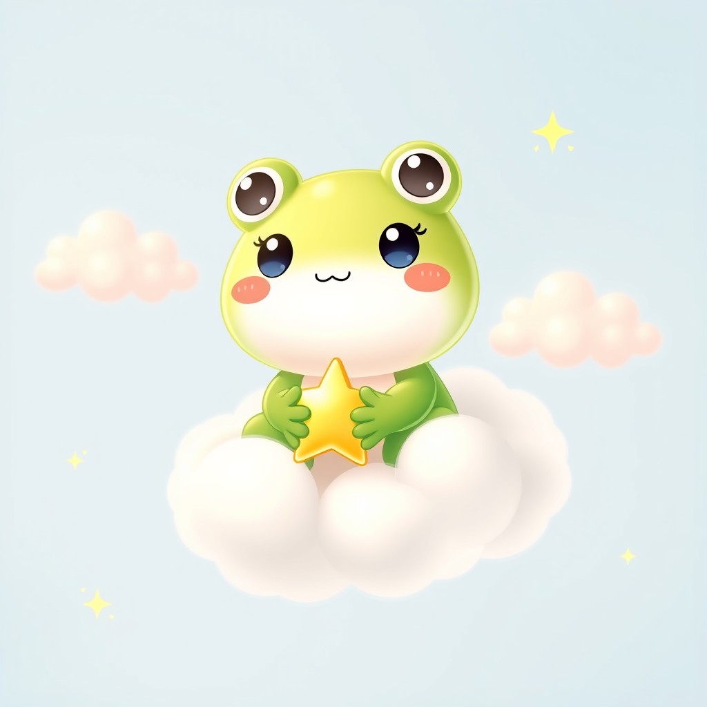 A cute, made-up Sanrio frog character, designed in a kawaii style, is floating on a fluffy white cloud