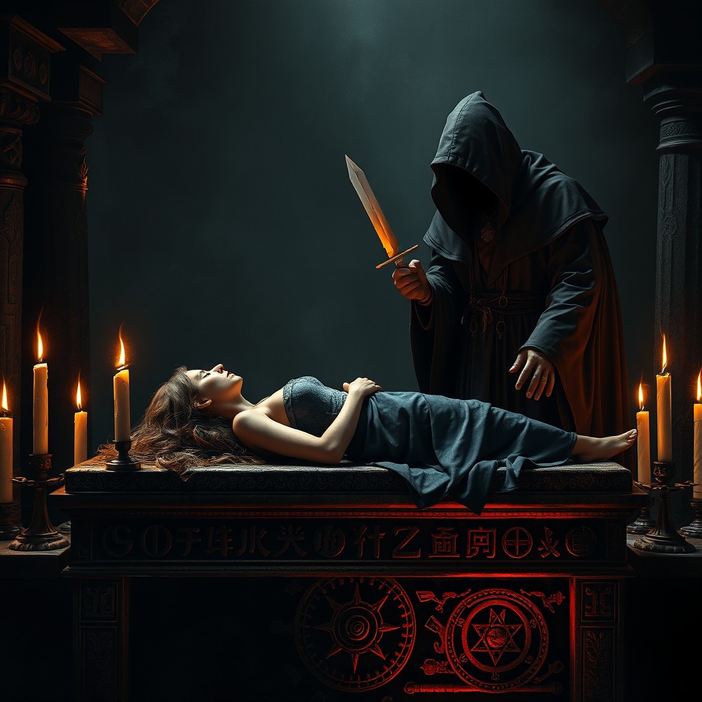 A dark and atmospheric scene depicting a woman lying on a sacrificial altar, poised for a ritual sacrifice by a shadowy priest