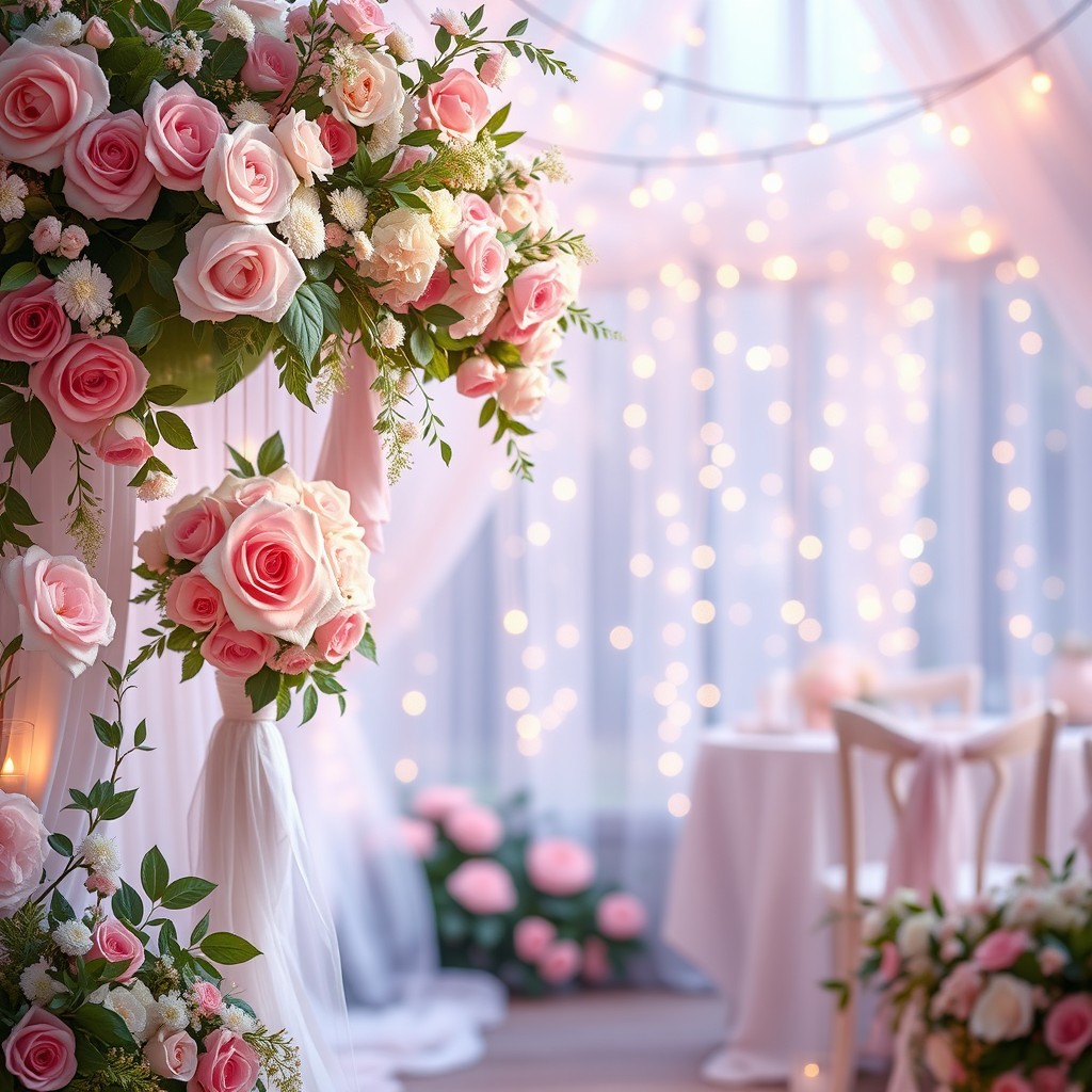 Beautiful and realistic digital backgrounds designed for weddings and birthdays, featuring elegant floral arrangements, soft pastel colors, glimmering fairy lights, and romantic textures