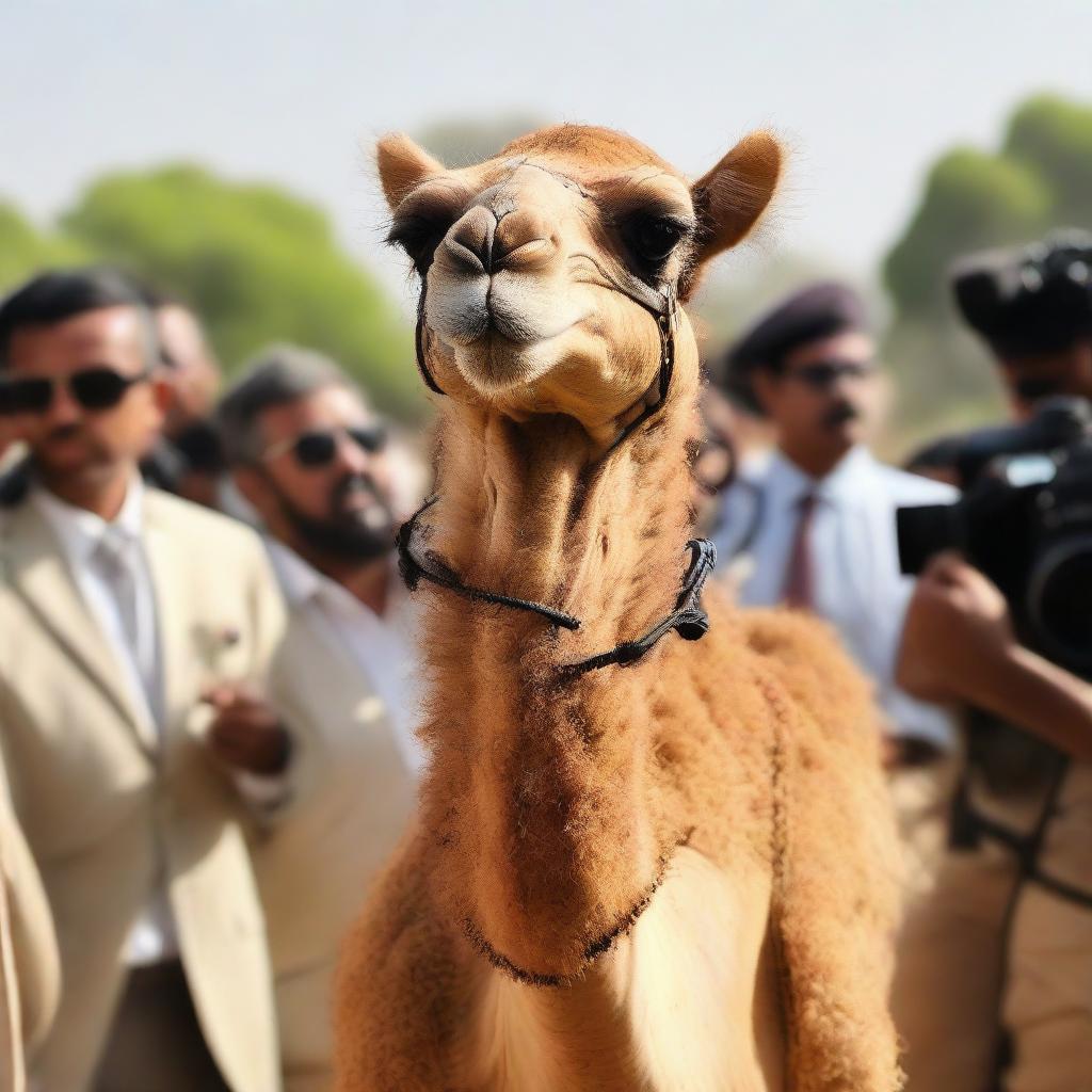 A smartly dressed camel engaging in a press conference in front of a media crew