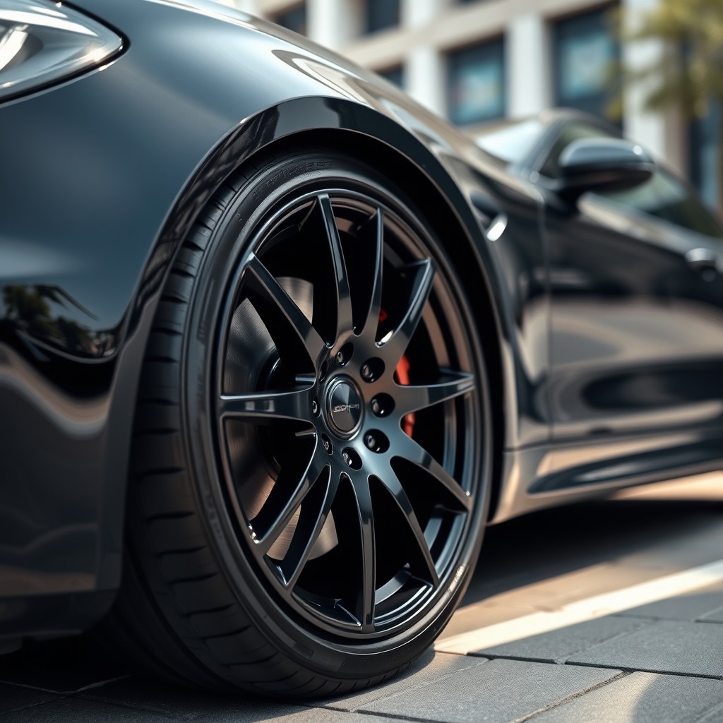 A close-up view of a stylish black rim on a modern car, showcasing intricate designs and shiny finishes