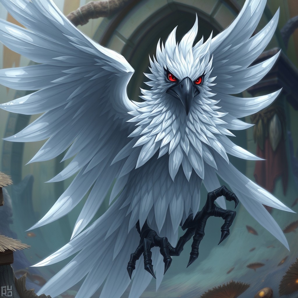 A Kenku character resembling a raven, featuring pristine white feathers and striking red eyes