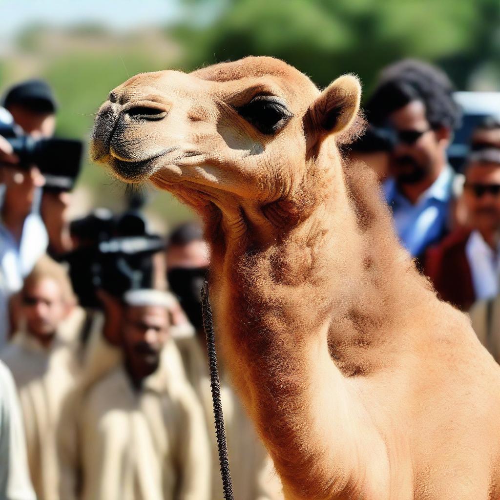 A smartly dressed camel engaging in a press conference in front of a media crew