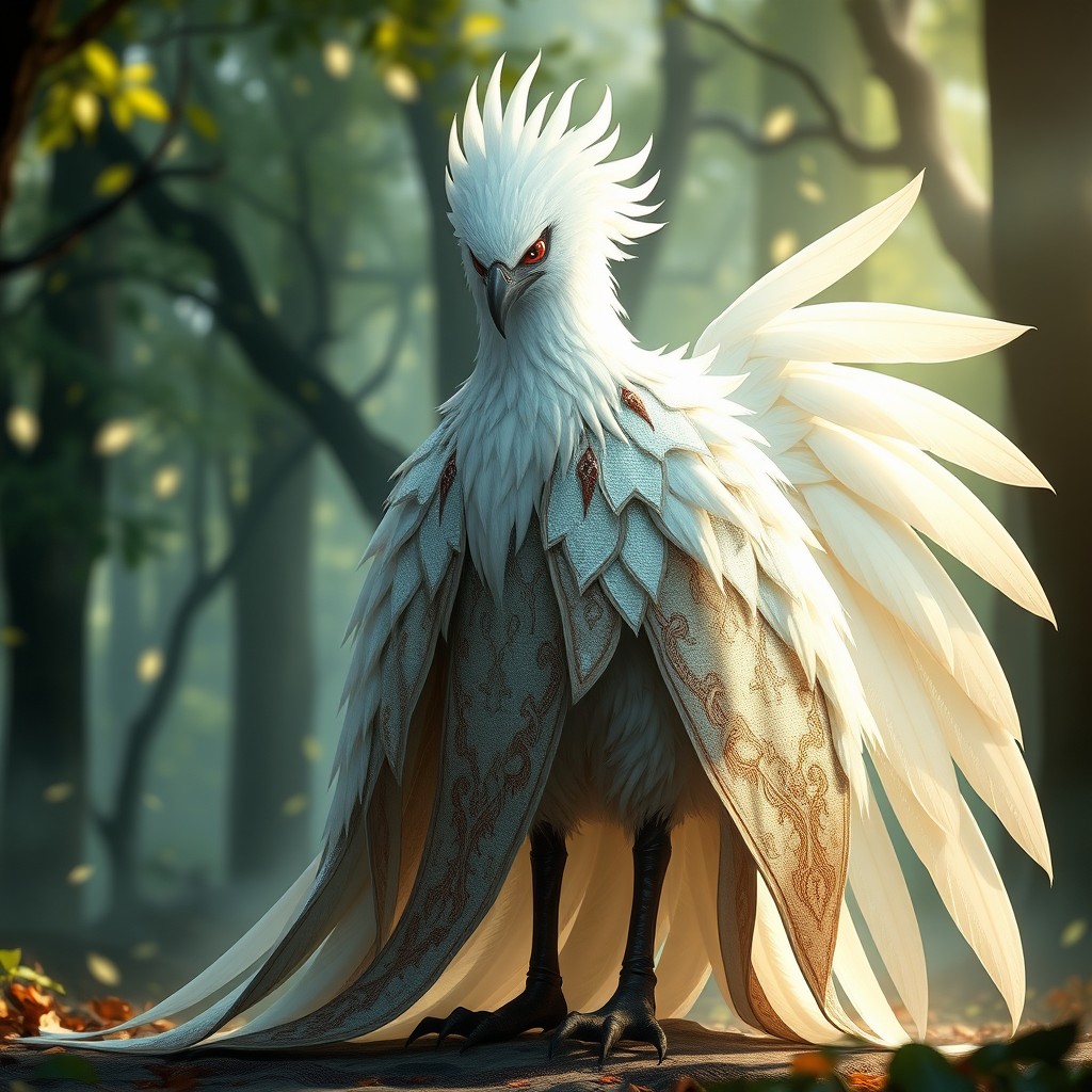 A majestic white Kenku with striking red eyes, standing confidently
