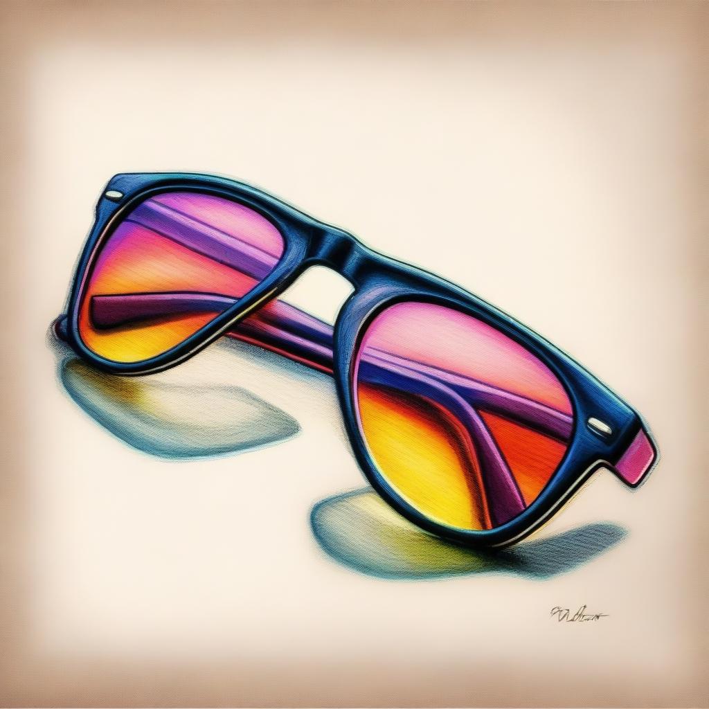 A different, high-quality coloured pencil drawing of a pair of trendy sunglasses