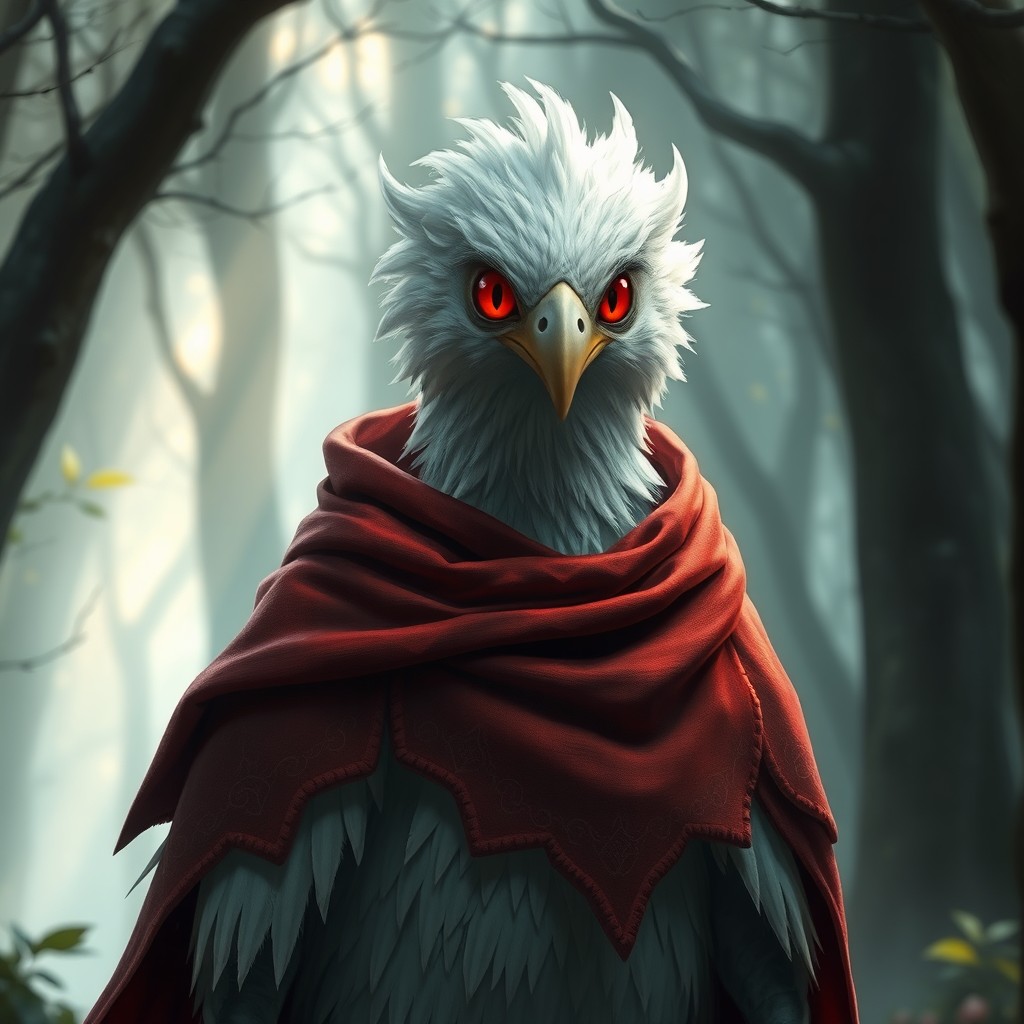 A white Kenku from a fantasy setting, featuring striking red eyes and wearing a detailed red cloak