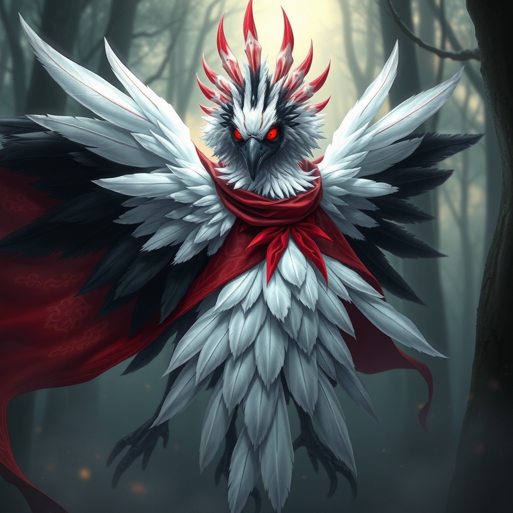 A majestic Kenku creature from a fantasy world, adorned with striking white and black feathers