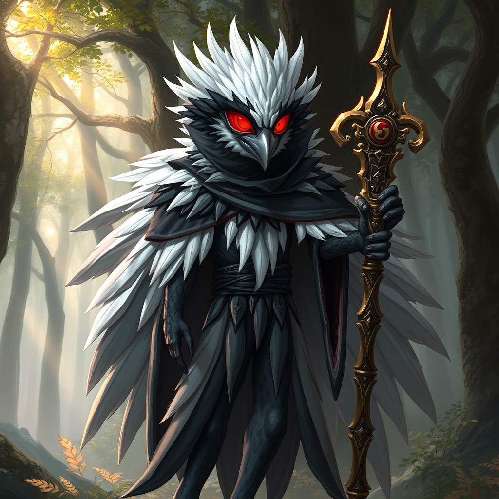 A humanoid Kenku character, featuring striking white and black feathers, standing confidently with a vivid red eye gaze