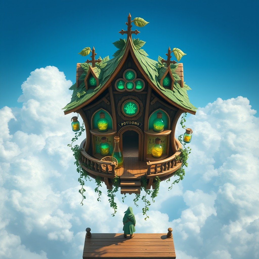 A top-down view of a floating magical potion shop designed in an elven style, featuring curved wooden architecture