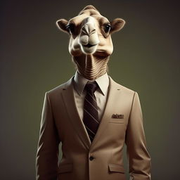 A humanoid figure with camel-like features, elegantly dressed in a business suit