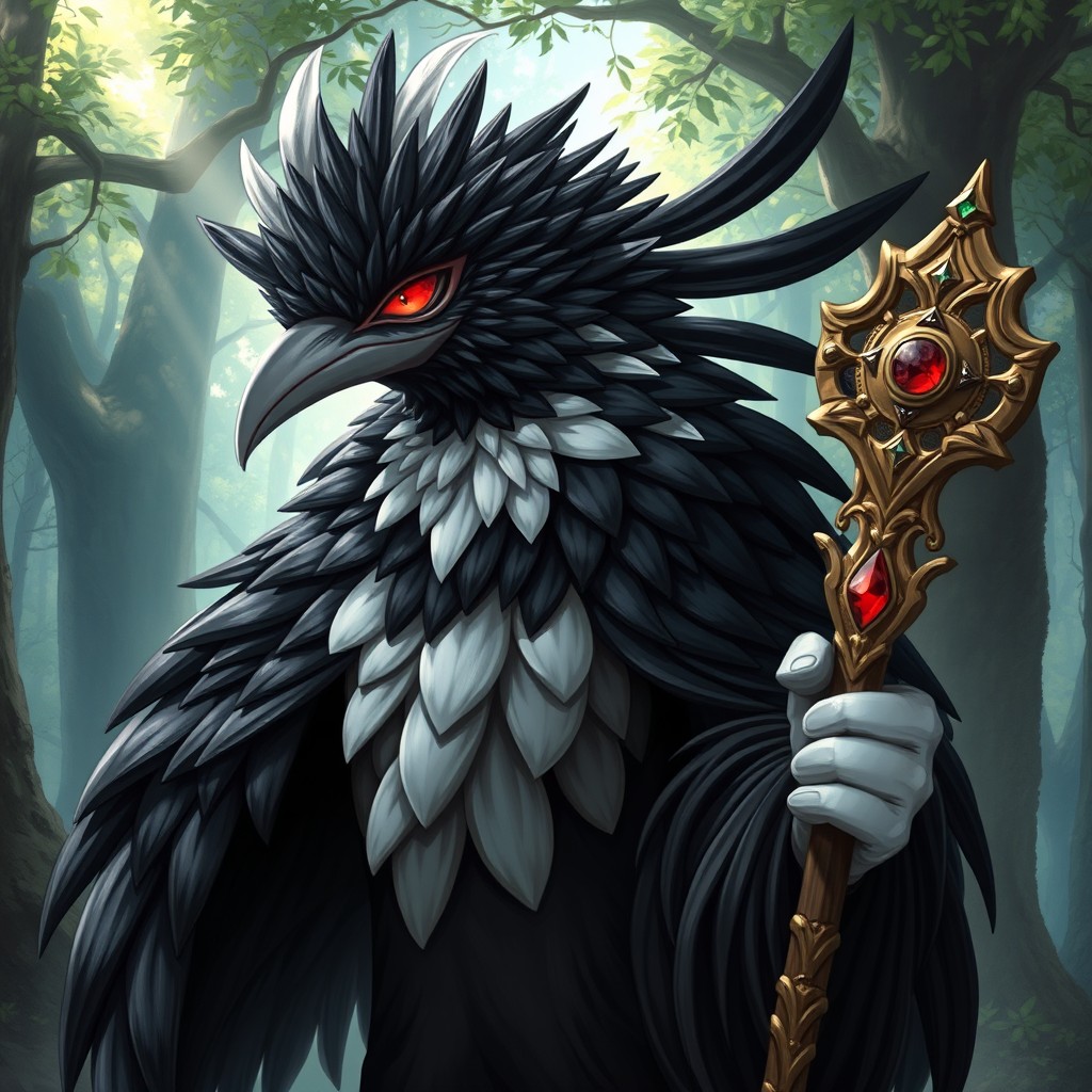 A humanoid Kenku with striking black and white feathers, showcasing a detailed feather texture