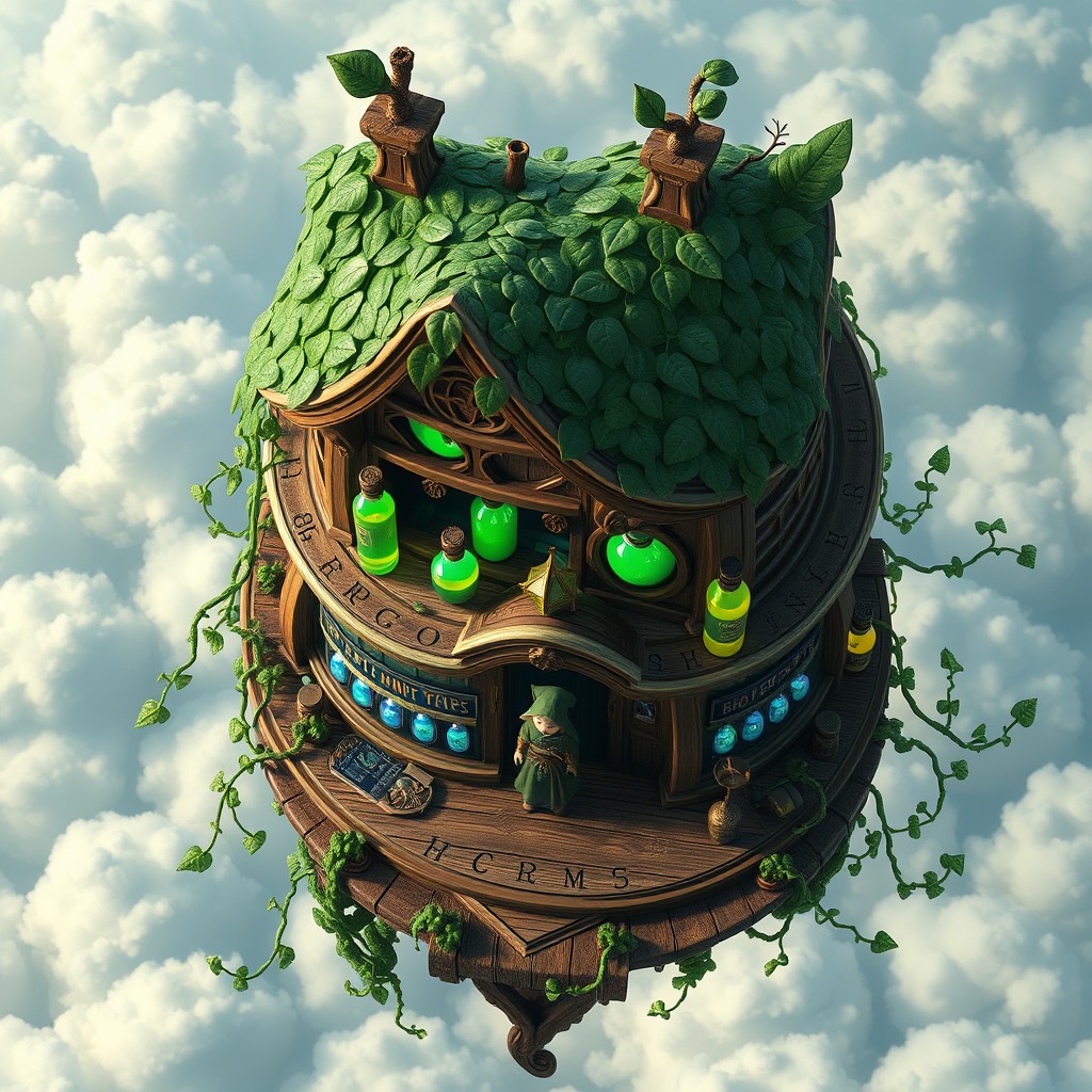 A top-down view of a floating magical potion shop designed in an elven style, featuring curved wooden architecture