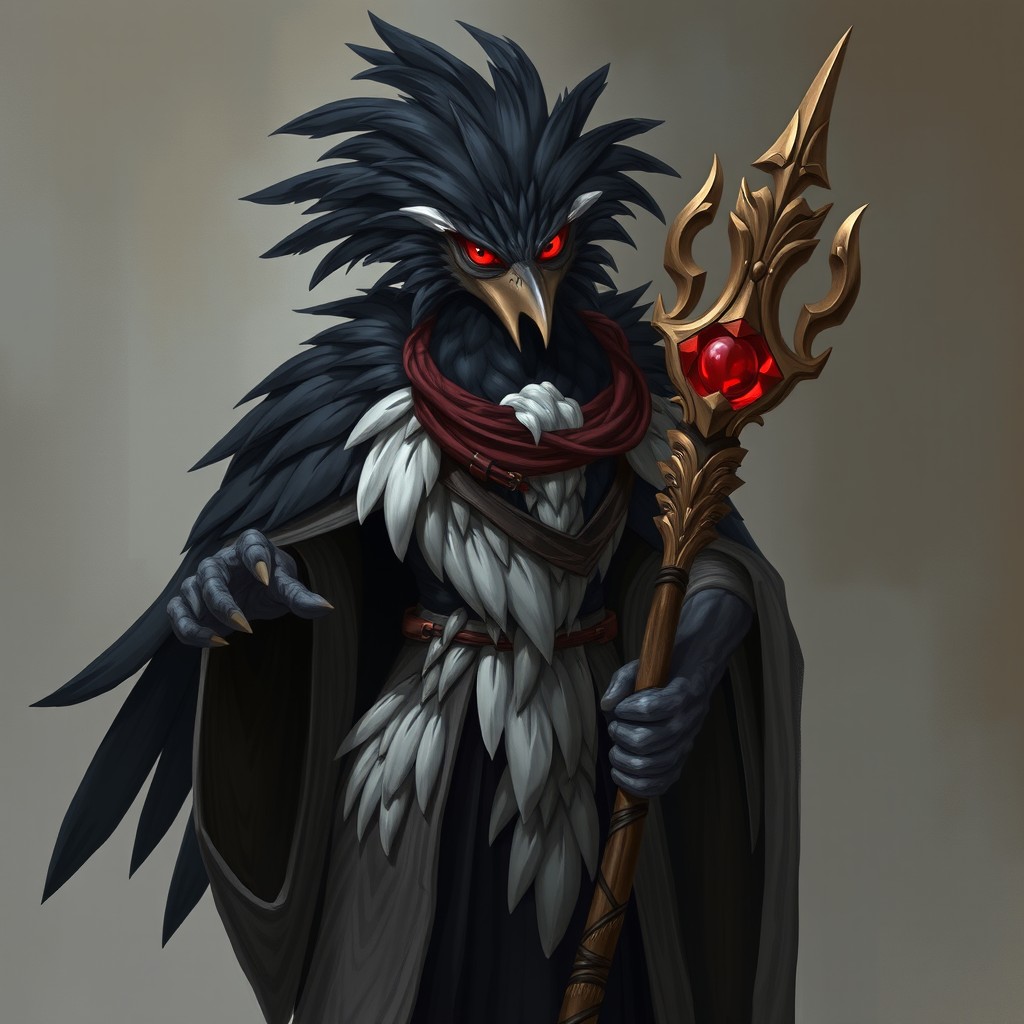 A humanoid Kenku character featuring striking black and white feathers, with piercing red eyes