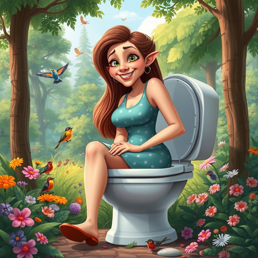 A large, anthropomorphic female figure depicted humorously and tastefully, sitting outdoors on a toilet in a lush, cartoonish forest setting