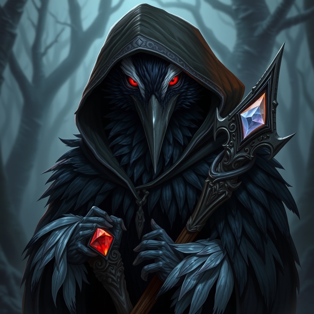 A humanoid Kenku with striking black and white feathers, showcasing a menacing and mystical appearance
