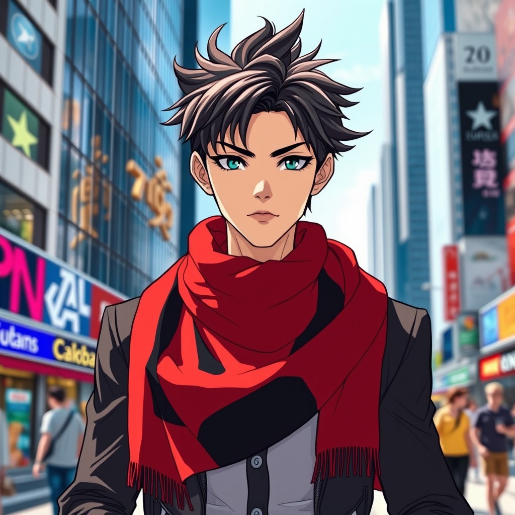 A fashionable character wearing a striking red and black scarf, standing confidently on a bustling city street