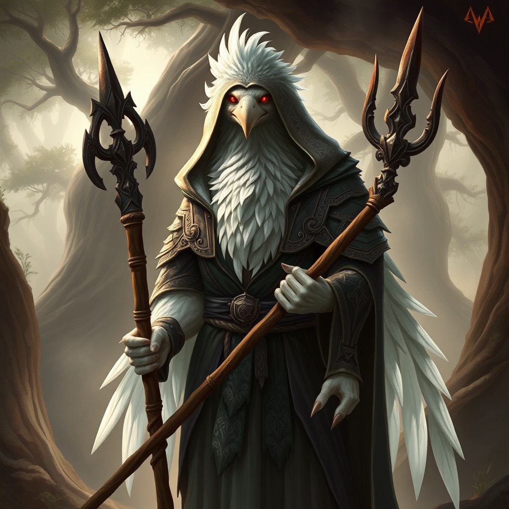 A humanoid Kenku with white feathers and striking red eyes, dressed in an intricate cloak with a hood that partially obscures its face