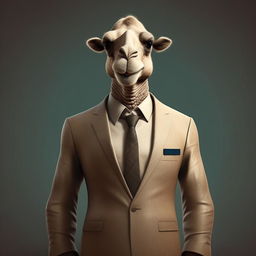 A humanoid figure with camel-like features, elegantly dressed in a business suit