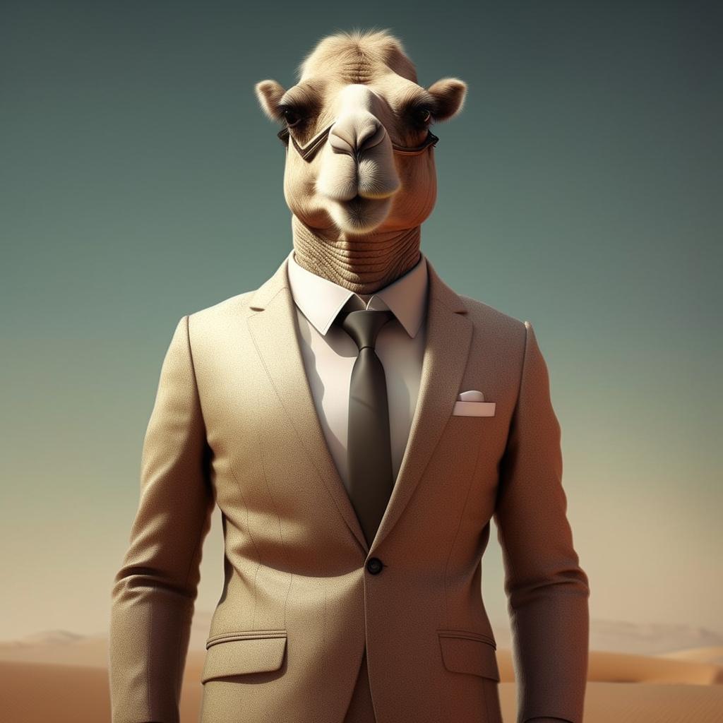 A humanoid figure with camel-like features, elegantly dressed in a business suit