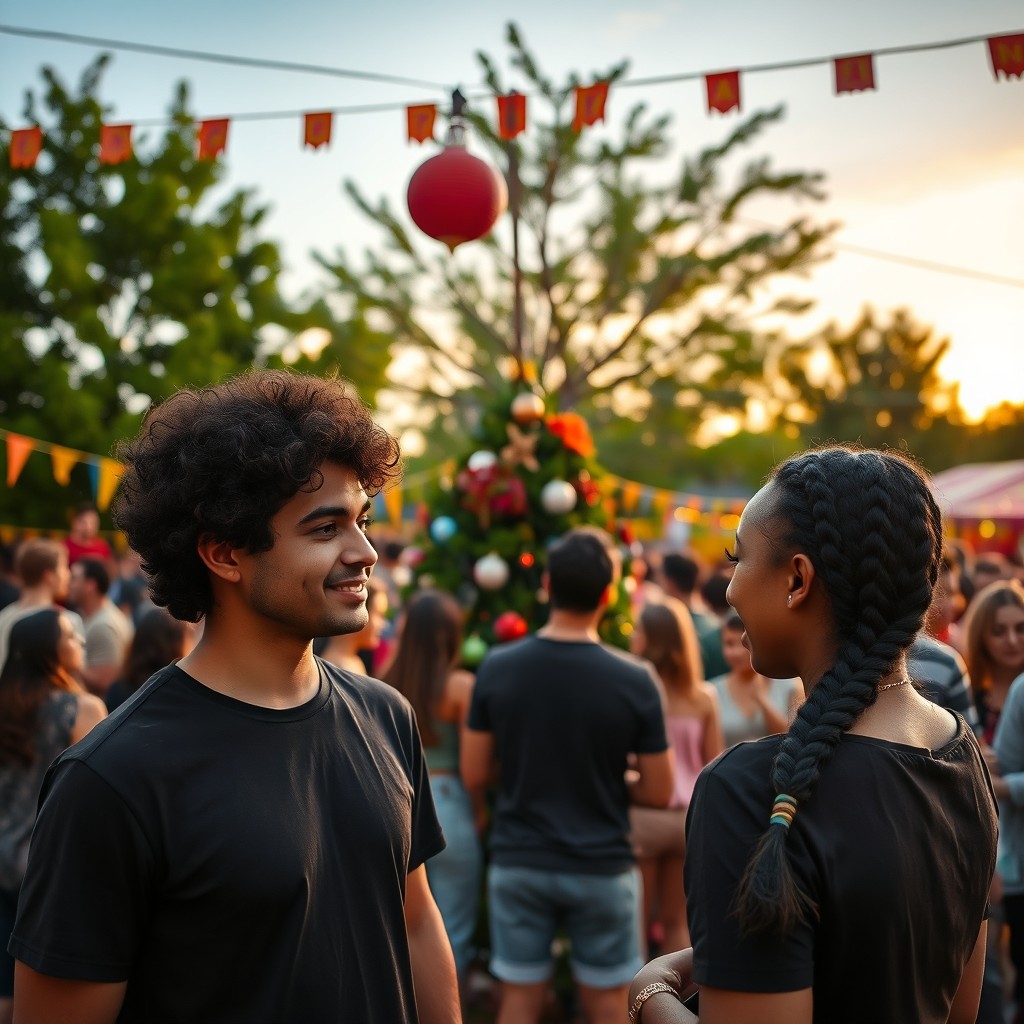 A vibrant outdoor gathering scene during sunset, with a diverse group of people gathered around a decorated tree, engaged in lively conversation