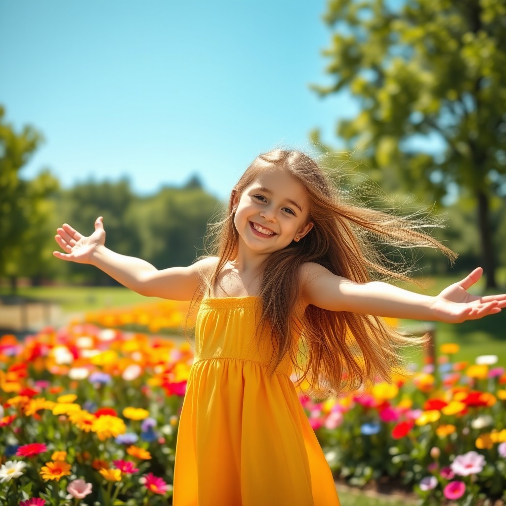A beautiful girl with long flowing hair, wearing a bright summer dress, standing confidently in a sunlit park filled with colorful flowers